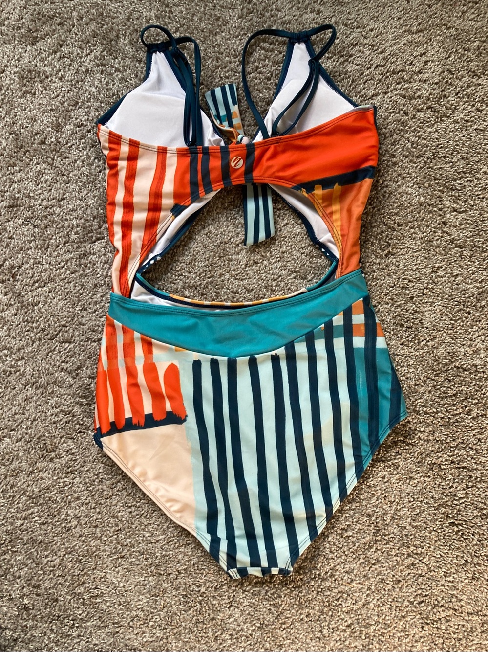 Nani Ray High Tide One Piece Swimsuit POCKETS Cut out Tie front Patchwork sz L - Picture 7 of 11